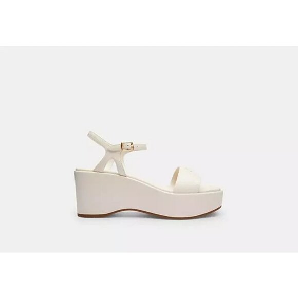 Coach Gale Platform Wedge Sandals Women’s Chalk Leather Logo Ankle Strap - Picture 2 of 4